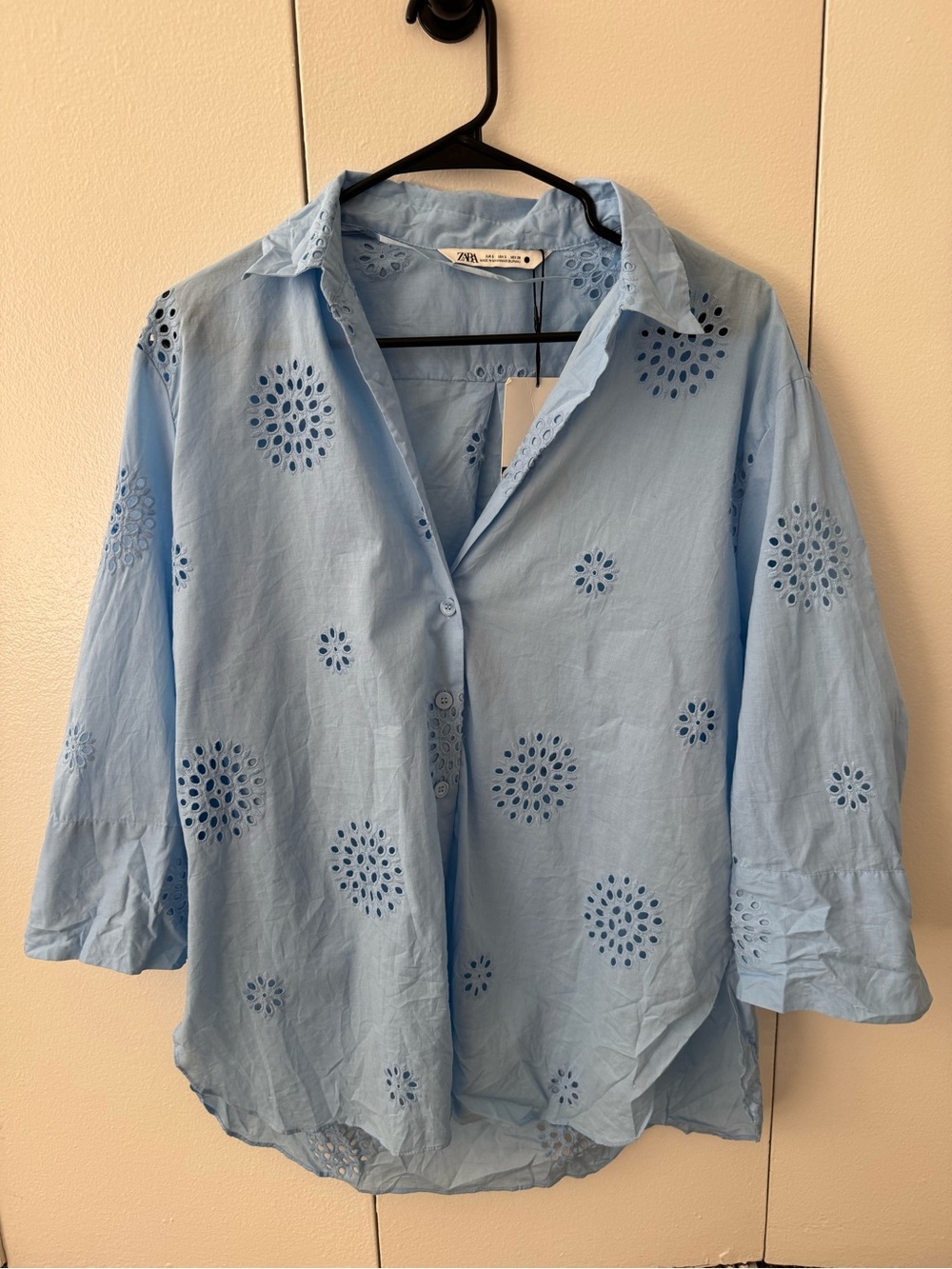 Zara Sky Blue Eyelet Button-Down Shirt